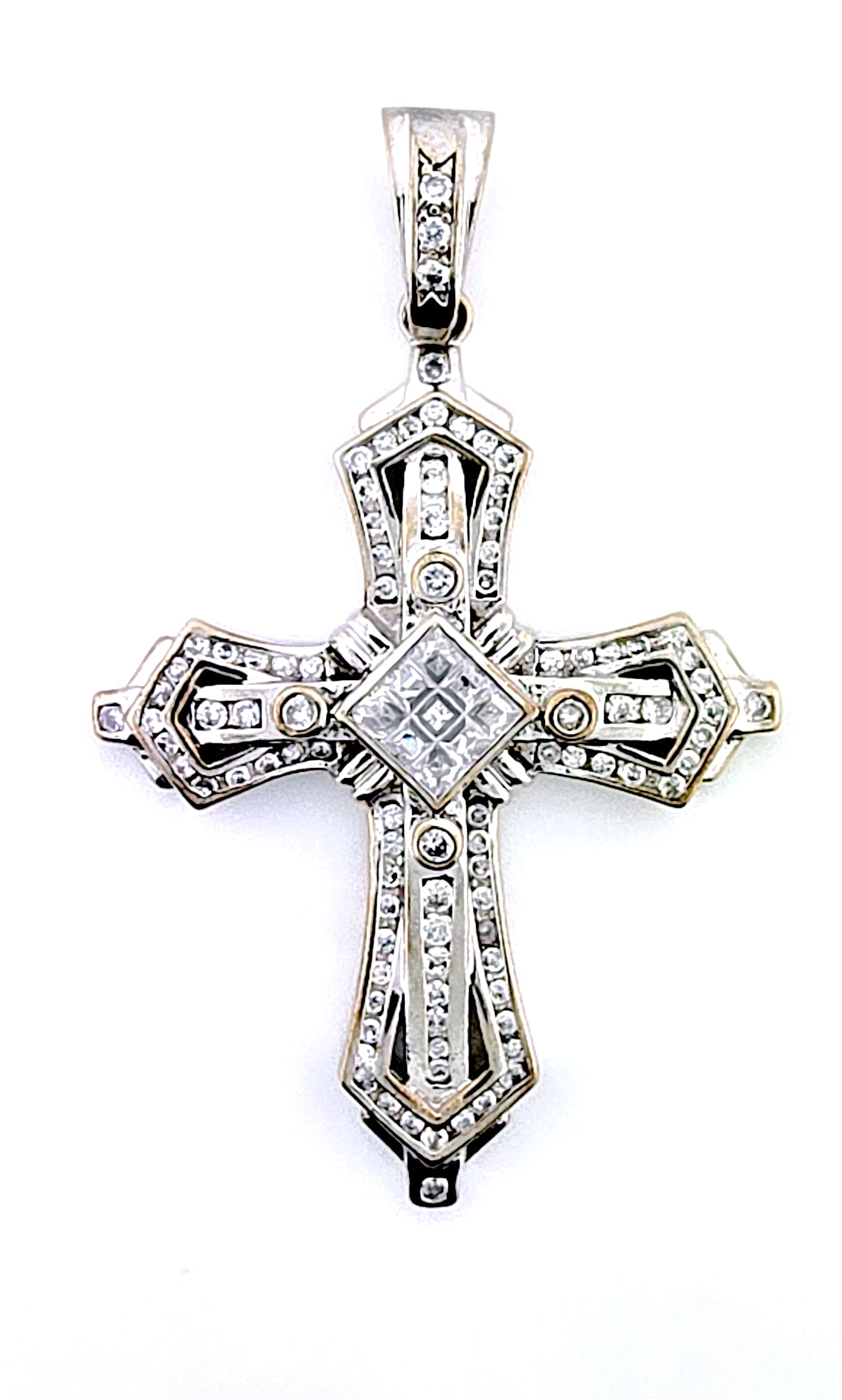 3 Inches Large Cross With Square Diamonds Pendant