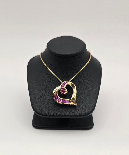 Yellow Gold with Straight Baguettes Precious Stones Heart Pendant