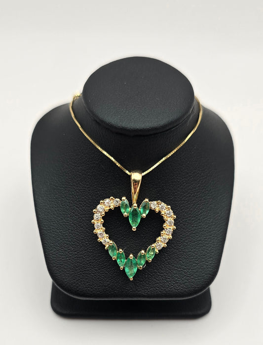 Green Emerald, Diamond and Yellow Gold Heart Pendant