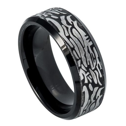 Black IP Plated Ring with Laser Carved Rock - 623